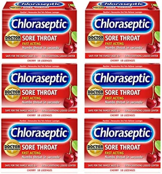 Chloraseptic Sore Throat Lozenges, Cherry Flavor, 18 Count, 6 Pack ...