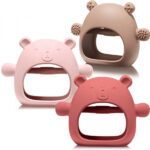 3 Pack Baby Teether Teething Toys for Babies 0-6 Months Bear Baby Teething Toy Silicone Anti Dropping Infant Hand Teether Pacifiers Wrist Hand Chew Toys for Sucking Needs (Caramel, Red, Pink)